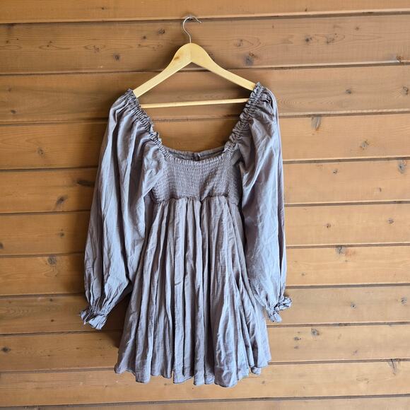 Chelsea & Violet Mixed Media Puff Sleeve Boho Mini Dress Long Sleeve Olive Small - Picture 2 of 4